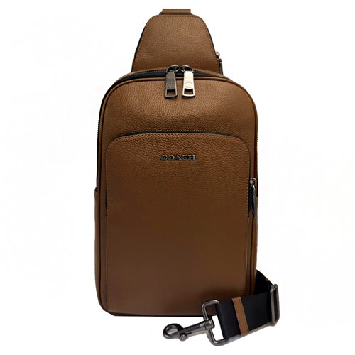 [全新] COACH 素面牛皮男款單肩胸前斜背包(咖)-0