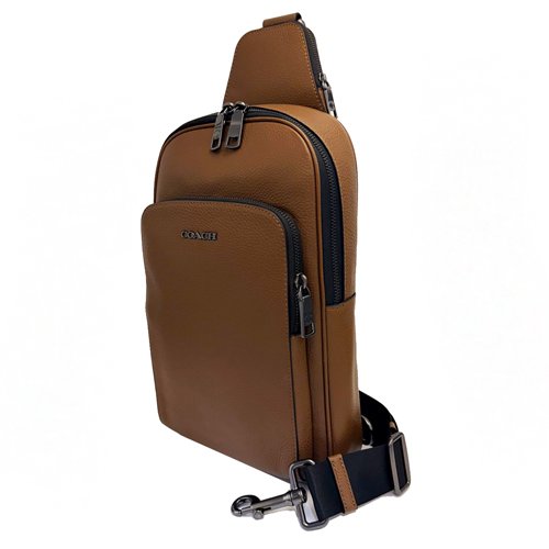 [全新] COACH 素面牛皮男款單肩胸前斜背包(咖)-1