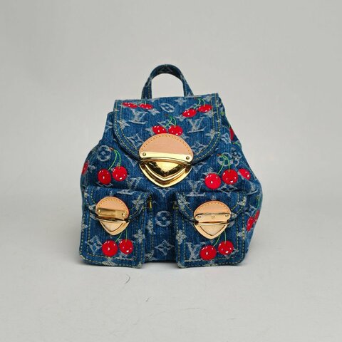 LOUIS VUITTON TAKASHIMURAKAMI村上隆櫻桃系列丹寧老花雙肩包牛仔藍牛仔布金扣晶片肩背包