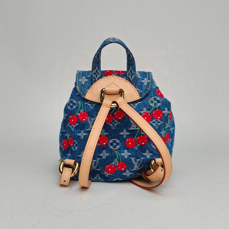 LOUIS VUITTON TAKASHIMURAKAMI村上隆櫻桃系列丹寧老花雙肩包牛仔藍牛仔布金扣晶片肩背包-2