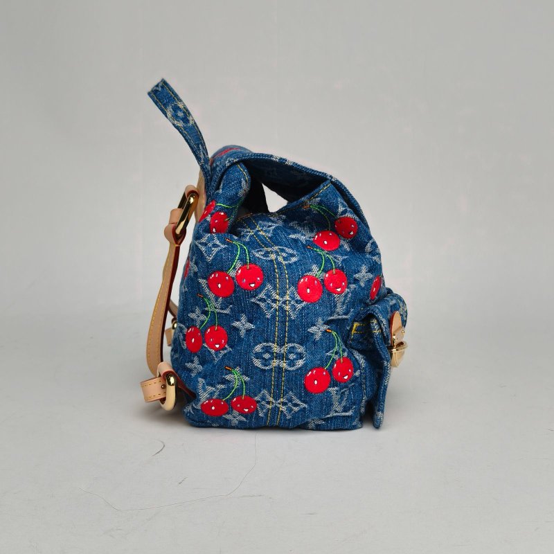 LOUIS VUITTON TAKASHIMURAKAMI村上隆櫻桃系列丹寧老花雙肩包牛仔藍牛仔布金扣晶片肩背包-3