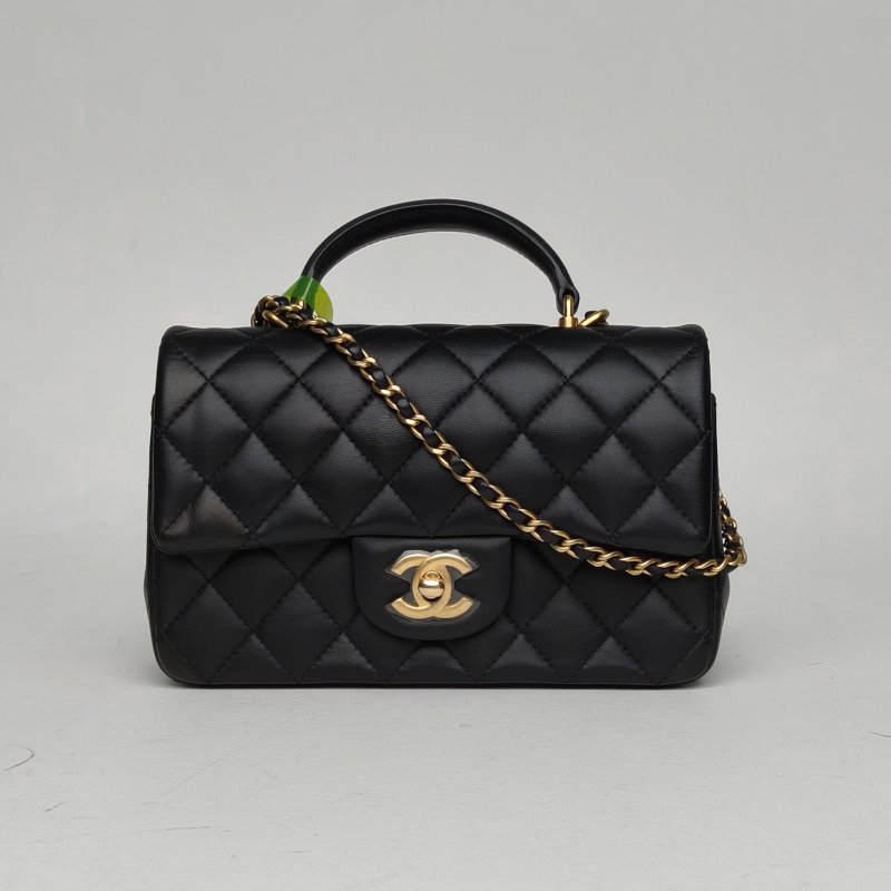 CHANEL CF口蓋包手柄大Mini20黑色羊皮晶片開金扣肩背包-0