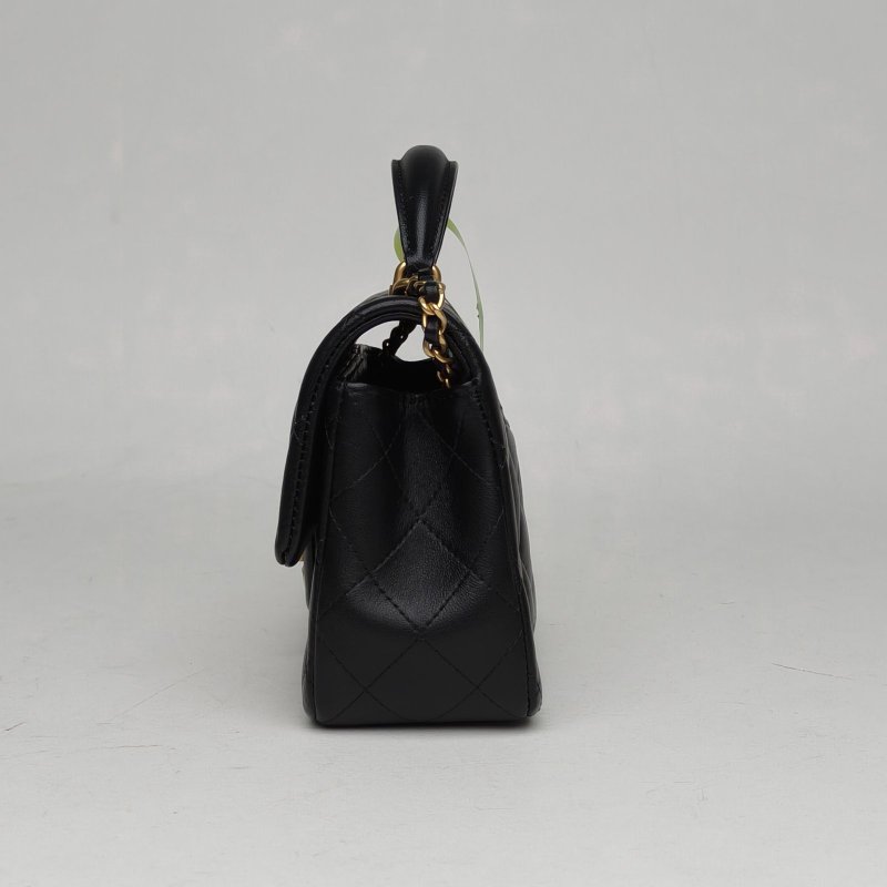 CHANEL CF口蓋包手柄大Mini20黑色羊皮晶片開金扣肩背包-1