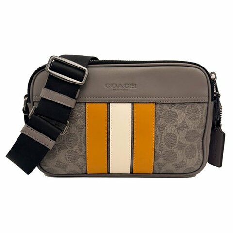 [全新] COACH C LOGO直紋配色男款雙層斜背郵差包(灰)
