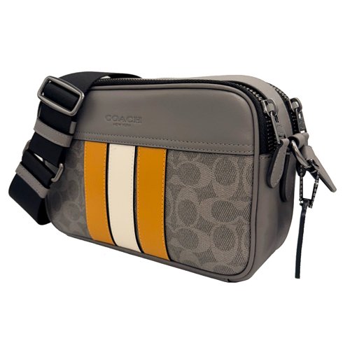 [全新] COACH C LOGO直紋配色男款雙層斜背郵差包(灰)-1