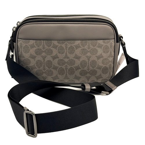 [全新] COACH C LOGO直紋配色男款雙層斜背郵差包(灰)-2