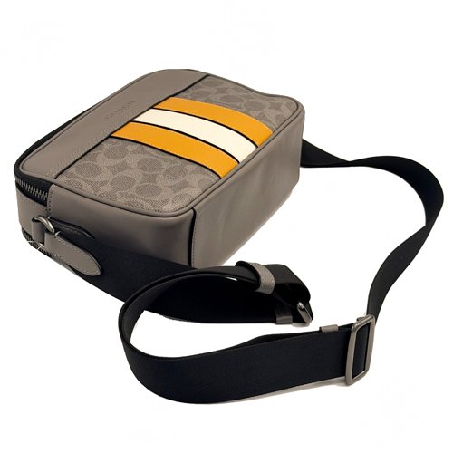 [全新] COACH C LOGO直紋配色男款雙層斜背郵差包(灰)-3