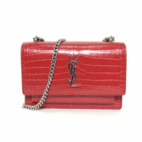 SAINT LAURENT SUNSET日落包Woc17鱷魚壓紋紅色牛皮銀扣肩背包