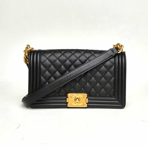 CHANEL Leboy中號25黑色荔枝牛皮晶片開金扣菱格紋肩背包