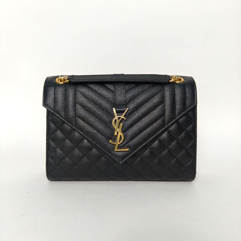 SAINT LAURENT Envelope絎縫紋理信封包中號黑色牛皮金扣肩背包-0