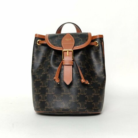 CELINE Folco抽繩雙肩包Mini迷你褐色PVC老花肩背包