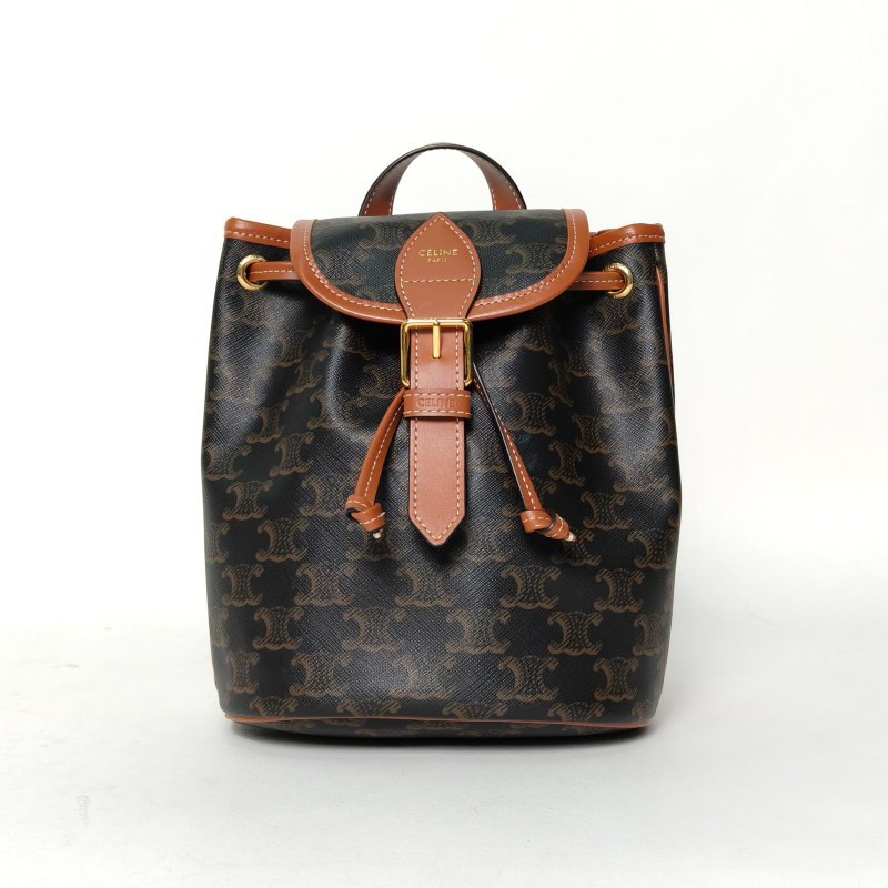 CELINE Folco抽繩雙肩包Mini迷你褐色PVC老花肩背包-0