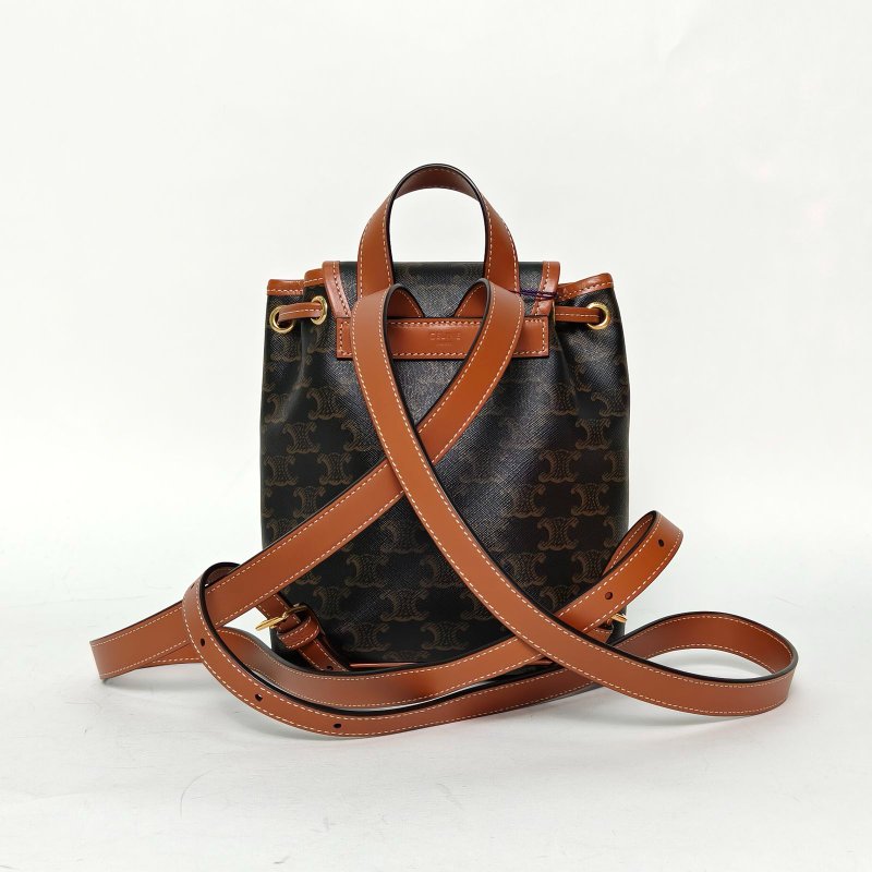 CELINE Folco抽繩雙肩包Mini迷你褐色PVC老花肩背包-2