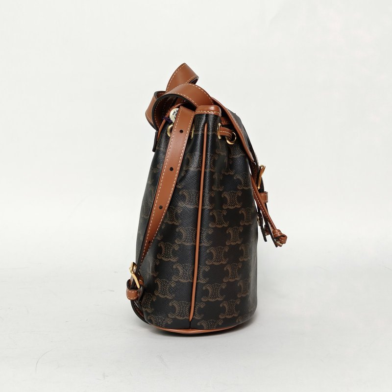 CELINE Folco抽繩雙肩包Mini迷你褐色PVC老花肩背包-3