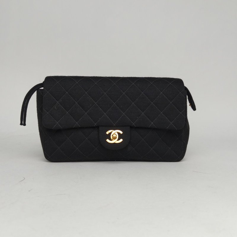 CHANEL 黑色帆布3開金扣中古CF雙肩包肩背包-0