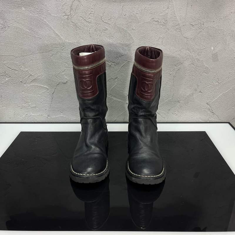 CHANEL 香奈兒 Vintage運動方標中筒輕底皮靴/尺碼37碼 /成色99新-1