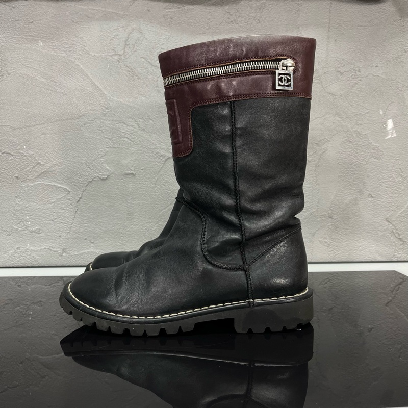 CHANEL 香奈兒 Vintage運動方標中筒輕底皮靴/尺碼37碼 /成色99新-3