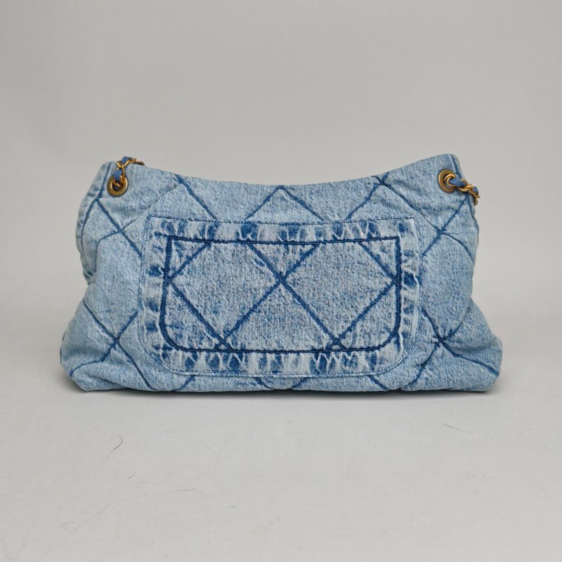 CHANEL HOBO購物袋38*26*11牛仔藍牛仔晶片開金扣肩背包-2