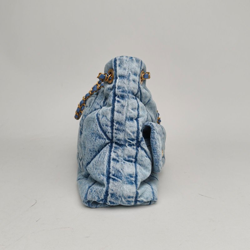 CHANEL HOBO購物袋38*26*11牛仔藍牛仔晶片開金扣肩背包-3