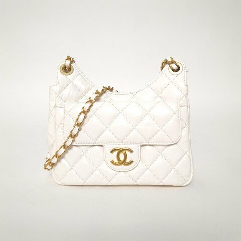 CHANEL 23C天貓精靈HOBO嬉皮包小號19白色牛皮晶片開金扣金幣單皮穿鏈肩背包