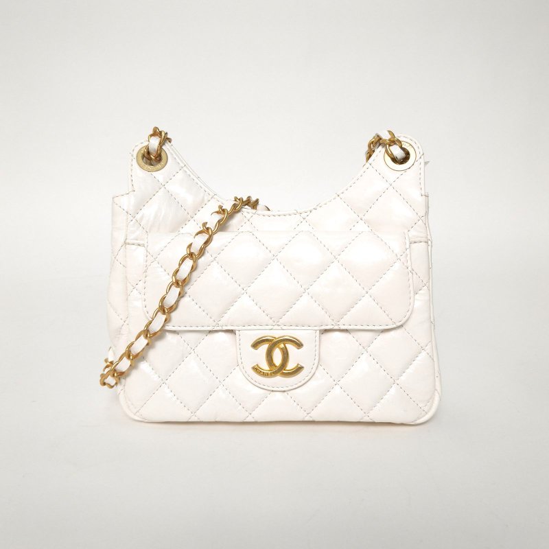 CHANEL 23C天貓精靈HOBO嬉皮包小號19白色牛皮晶片開金扣金幣單皮穿鏈肩背包-0