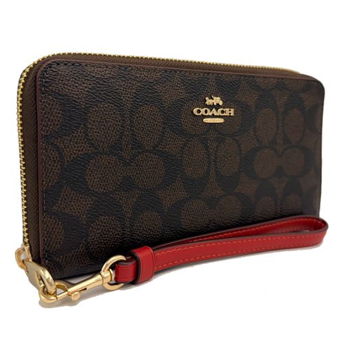 [全新] COACH C LOGO手掛式拉鍊零錢袋長夾(深咖/紅)-1