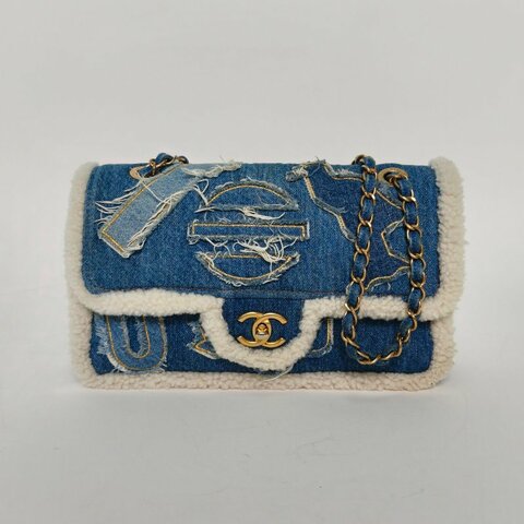 CHANEL 季節款牛仔羊羔毛CF秀款拼色牛仔28開金扣肩背包