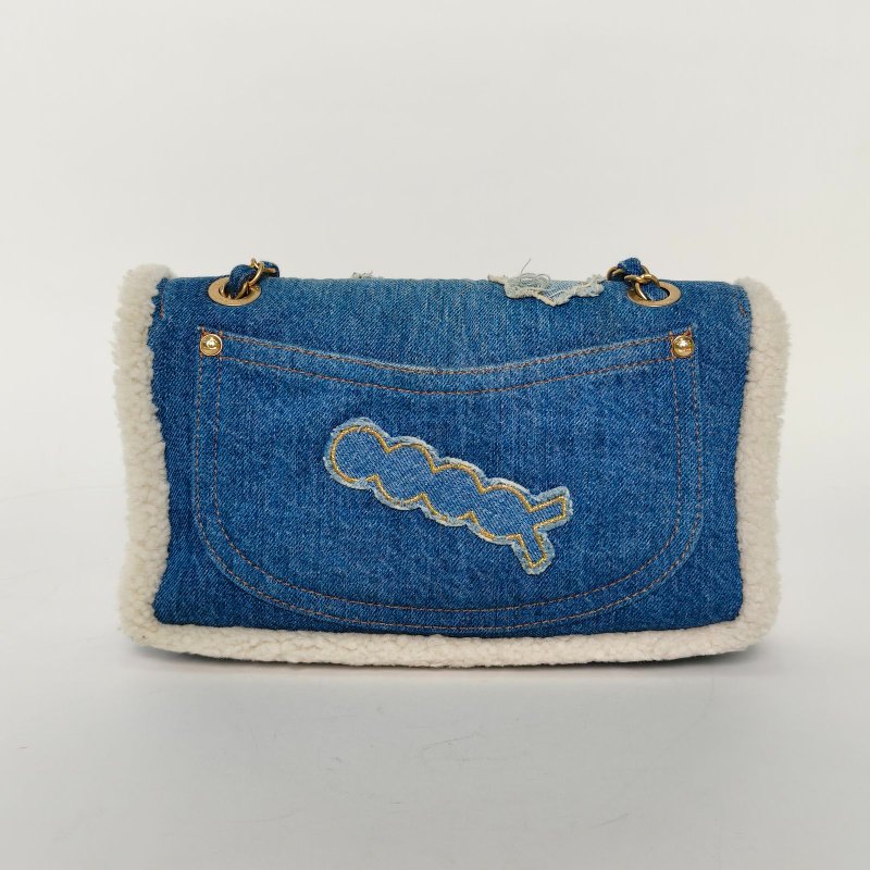 CHANEL 季節款牛仔羊羔毛CF秀款拼色牛仔28開金扣肩背包-2