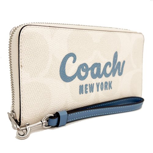 [全新] COACH C LOGO手掛式拉鍊零錢袋長夾(白/藍)-1