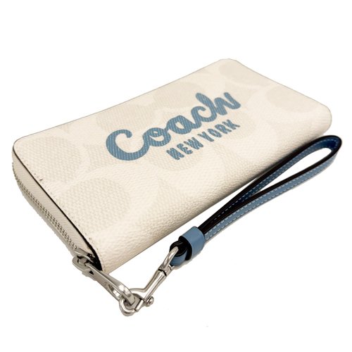 [全新] COACH C LOGO手掛式拉鍊零錢袋長夾(白/藍)-3