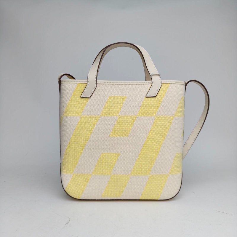 HERMES Cabas27I2奶油白拼14米色拼9R檸檬黃帆布B刻無肩背包-2