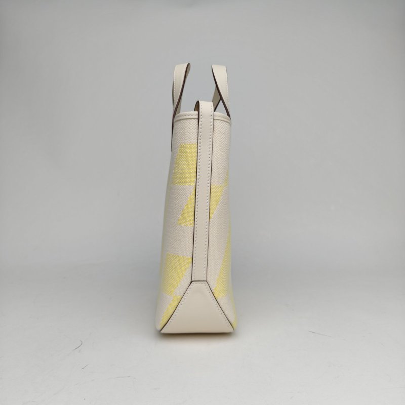 HERMES Cabas27I2奶油白拼14米色拼9R檸檬黃帆布B刻無肩背包-3