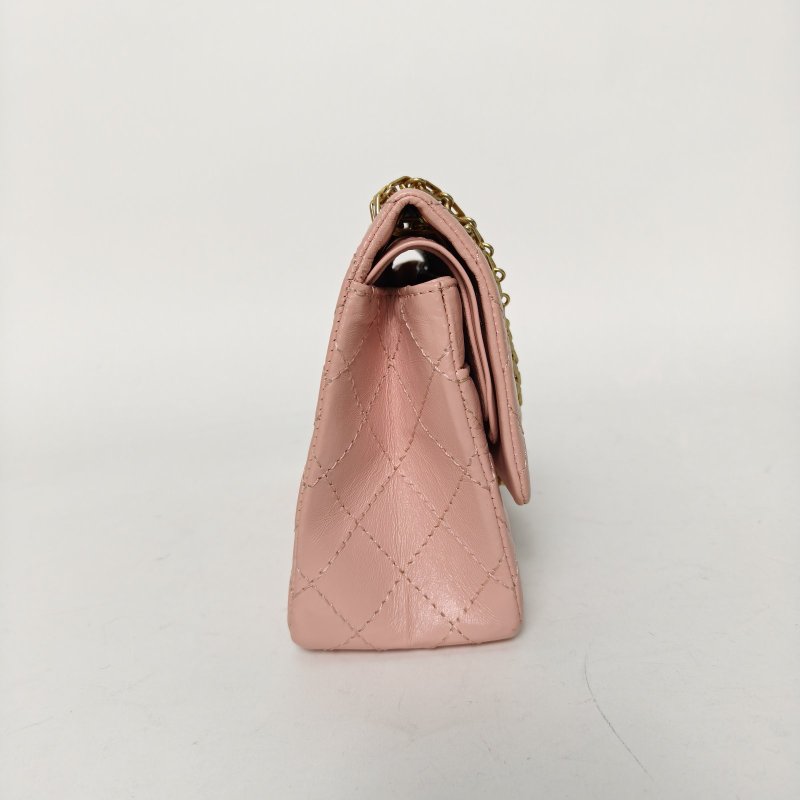 CHANEL 2.55口蓋包小號24粉色牛皮27開金扣肩背包-3