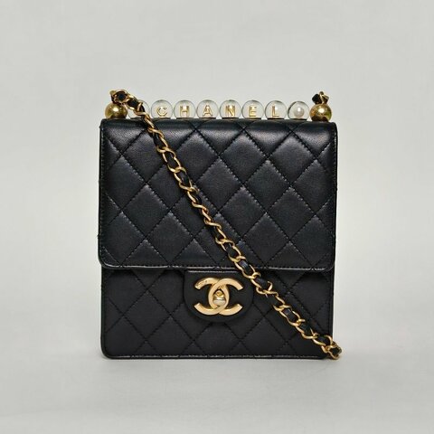 CHANEL 珍珠鏈條包Flapbag豎版中號15黑色牛皮29開金扣肩背包