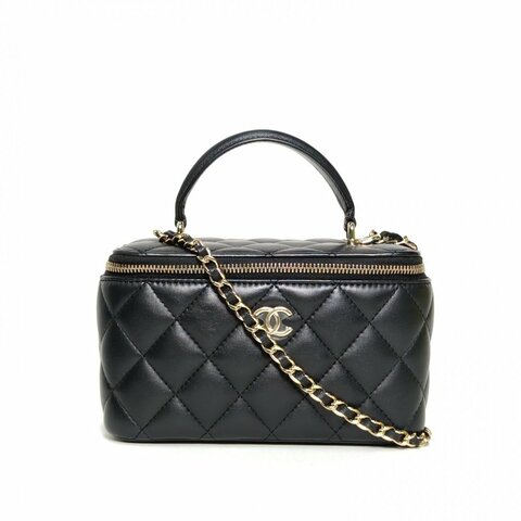 CHANEL 21K手提長盒子化妝包帶鏡子16黑色羊皮鐳射標金扣皮手柄肩背包