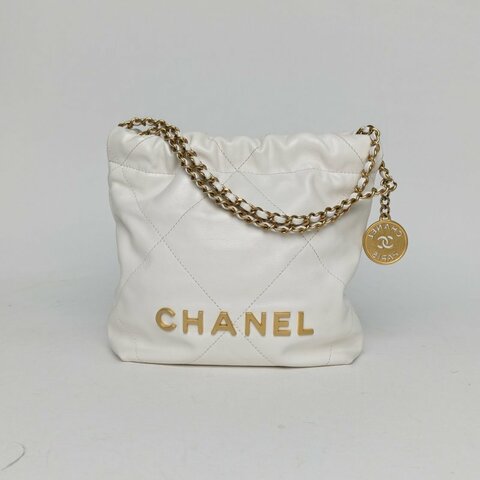 CHANEL 22BagTote托特包Mini20白色牛皮晶片開金扣肩背包