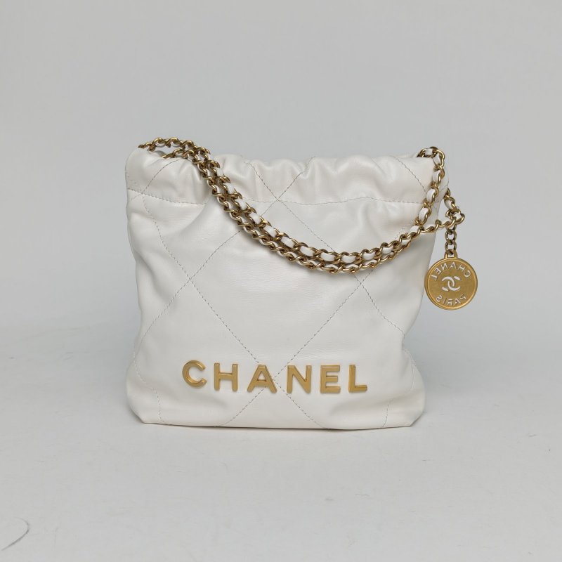CHANEL 22BagTote托特包Mini20白色牛皮晶片開金扣肩背包-0