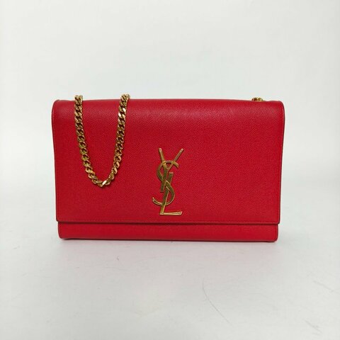 SAINT LAURENT KATE中號24荔紋紅色牛皮金扣肩背包
