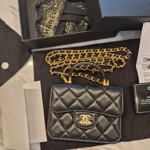 Chanel香奈兒手工坊黑金羊cf handle mini手提鏈條小廢包 斜背包