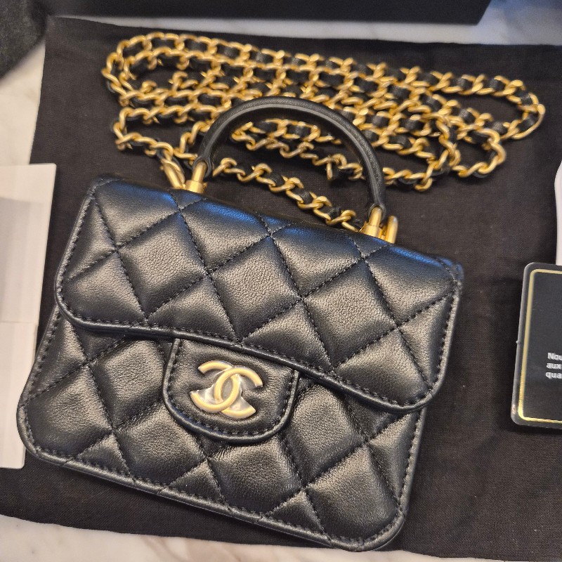 Chanel香奈兒手工坊黑金羊cf handle mini手提鏈條小廢包 斜背包-1