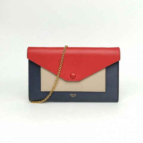CELINE 拼色牛皮金扣信封鏈條WOC肩背包