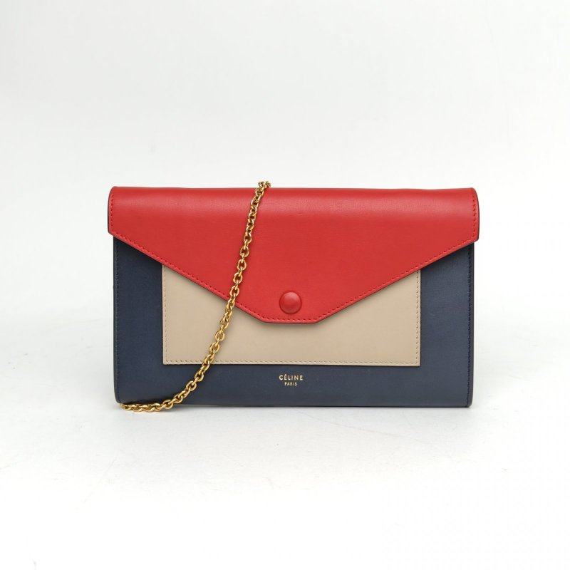 CELINE 拼色牛皮金扣信封鏈條WOC肩背包-0