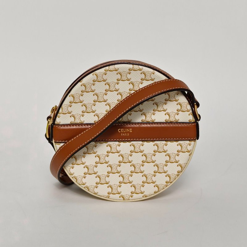 CELINE Triomphe凱旋門標誌印花圓餅包白色PVC金扣肩背包-0