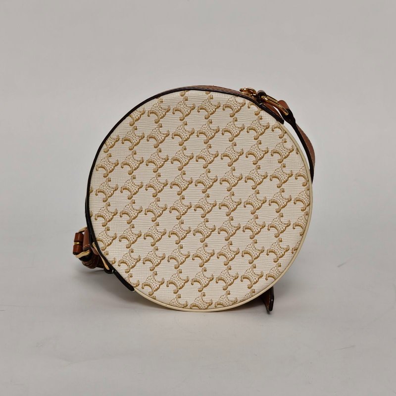 CELINE Triomphe凱旋門標誌印花圓餅包白色PVC金扣肩背包-2