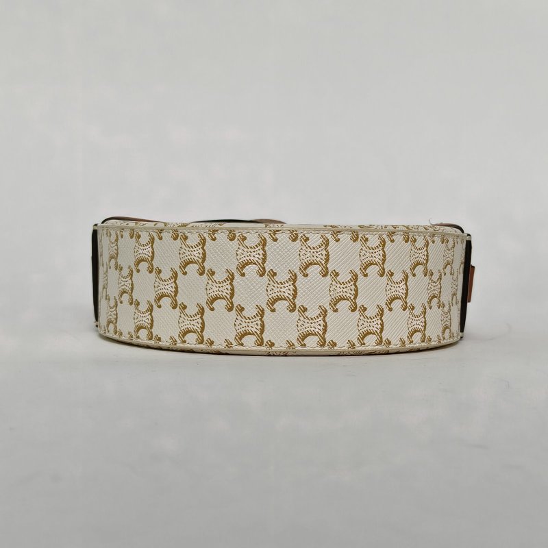 CELINE Triomphe凱旋門標誌印花圓餅包白色PVC金扣肩背包-4