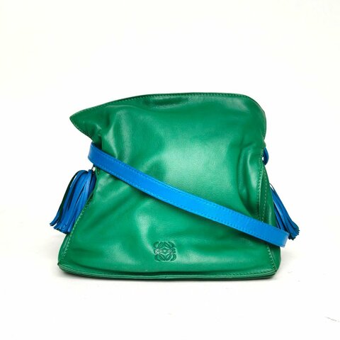 LOEWE 拼色羊皮中古流蘇福袋水桶包小號肩背包