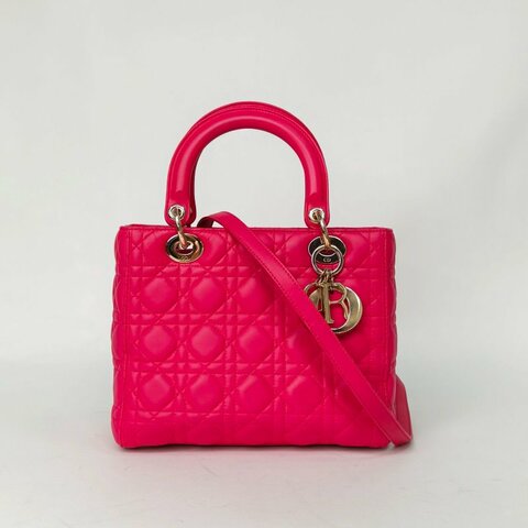 DIOR Lady戴妃包五格玫紅羊皮金扣2014肩背包