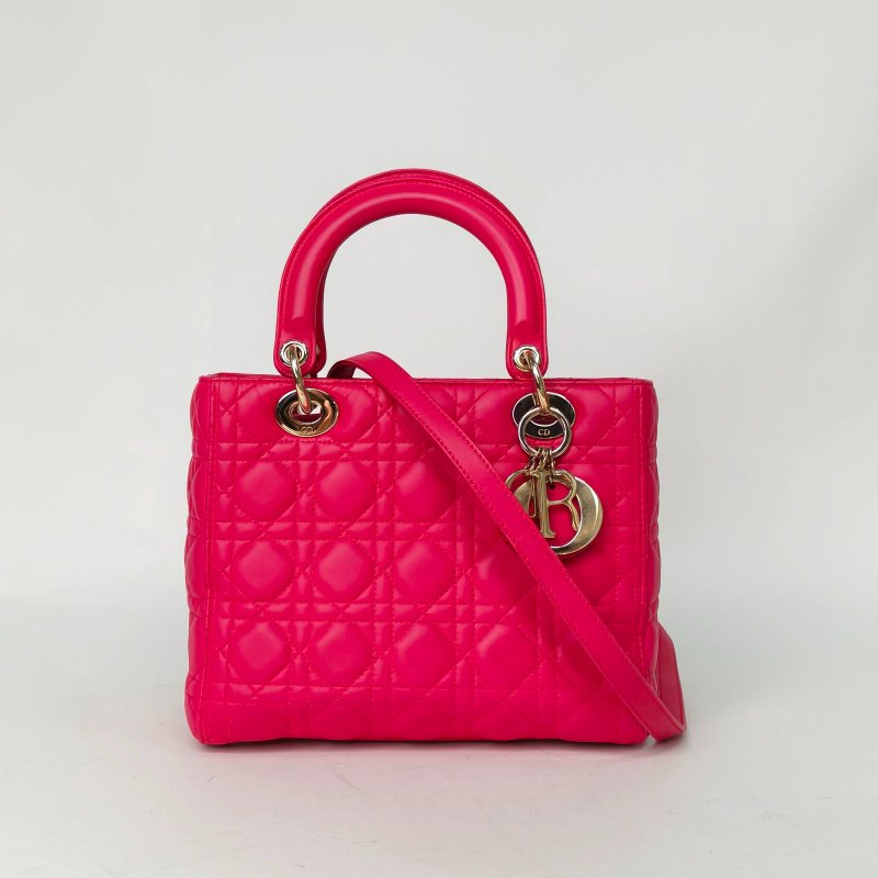 DIOR Lady戴妃包五格玫紅羊皮金扣2014肩背包-0