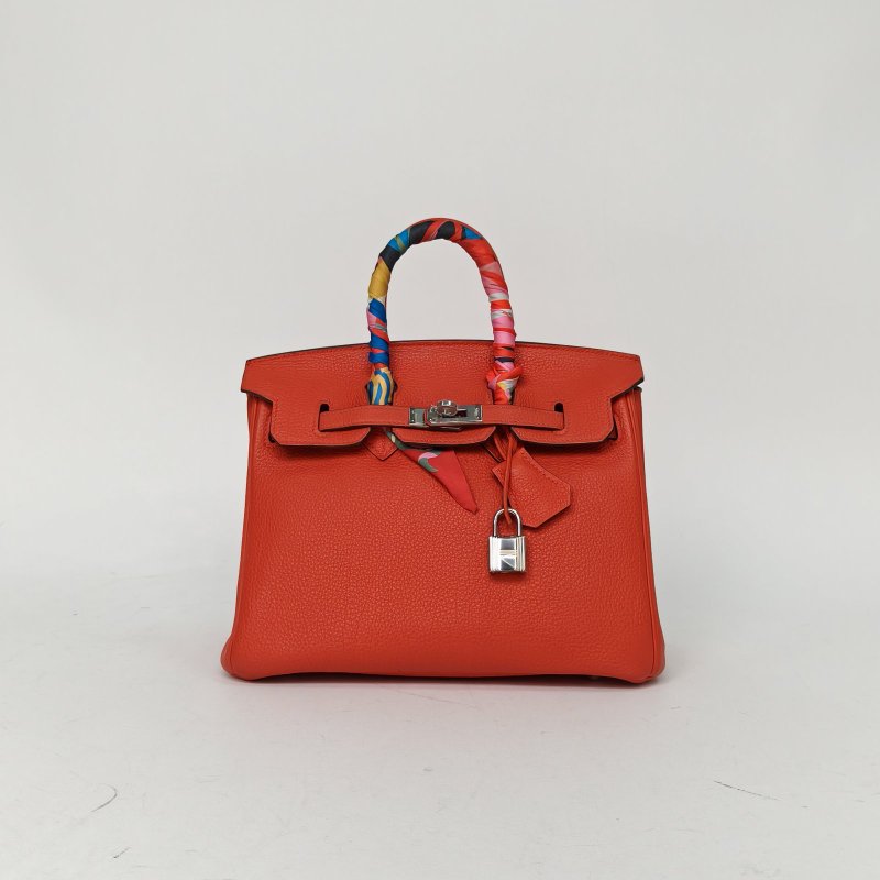 HERMES Birkin255E朱砂紅Togo皮C刻銀扣肩背包-0