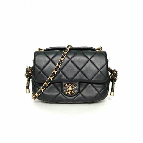 CHANEL 黑色羊皮晶片開金扣25C航海編織繩結口蓋包18肩背包